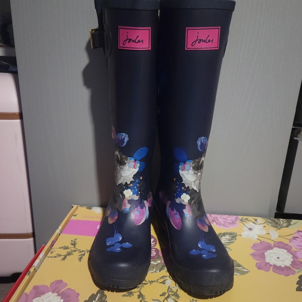Joules Navy Floral Knee High Rain Boots